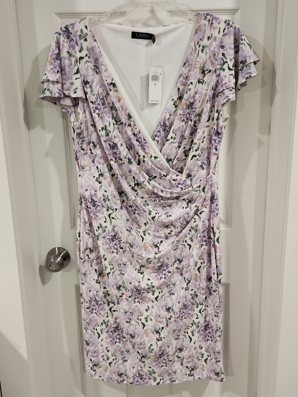 Lauren Ralph Lauren Purple Floral Faux Wrap Dress NWT Size 16 Ruched Jersey $109